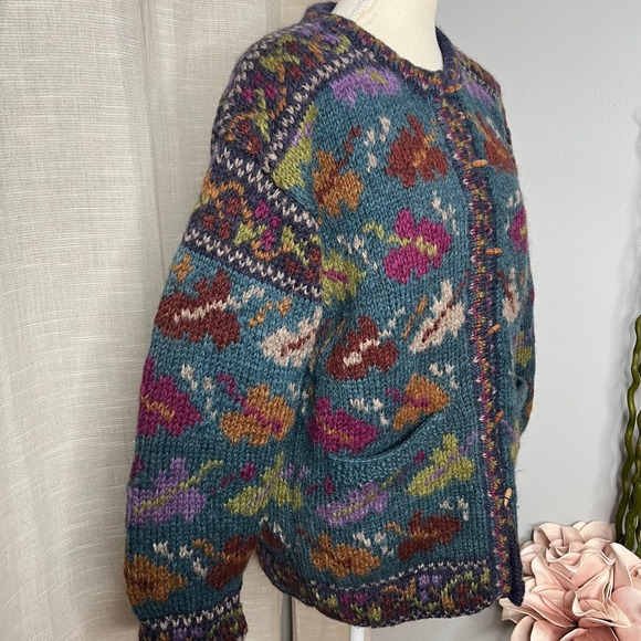 Newari 100%‎ Wool Handknit Cardigan Sweater Jacket Lined Floral Nepal Size Small - Picture 7 of 16